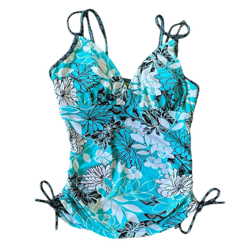 ATHLETA aqua & white floral tankini top size 34D/32DD (body size approx Medium)